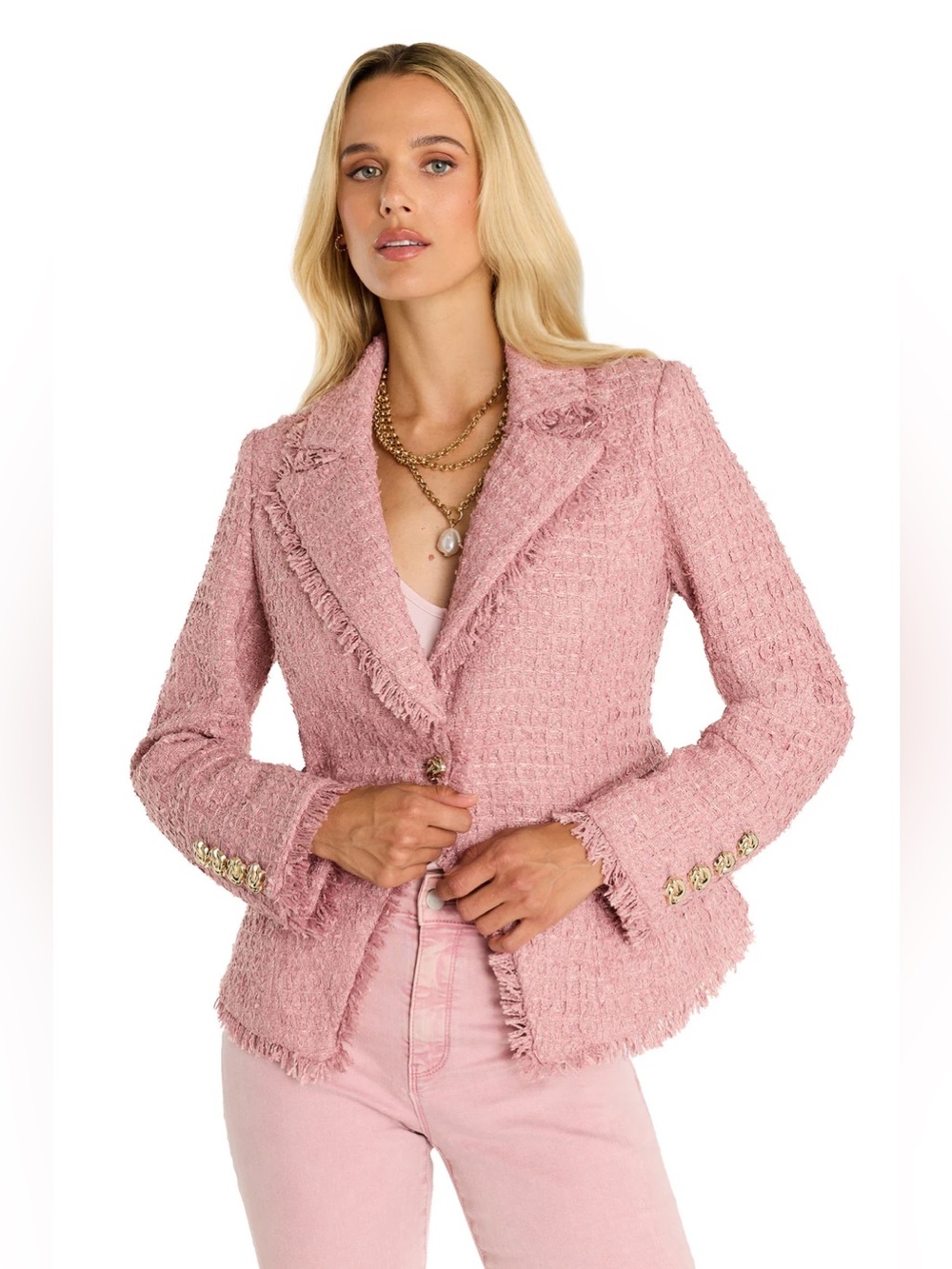 The Noli Shop Giselle Single Breasted Tweed Blazer in Blush